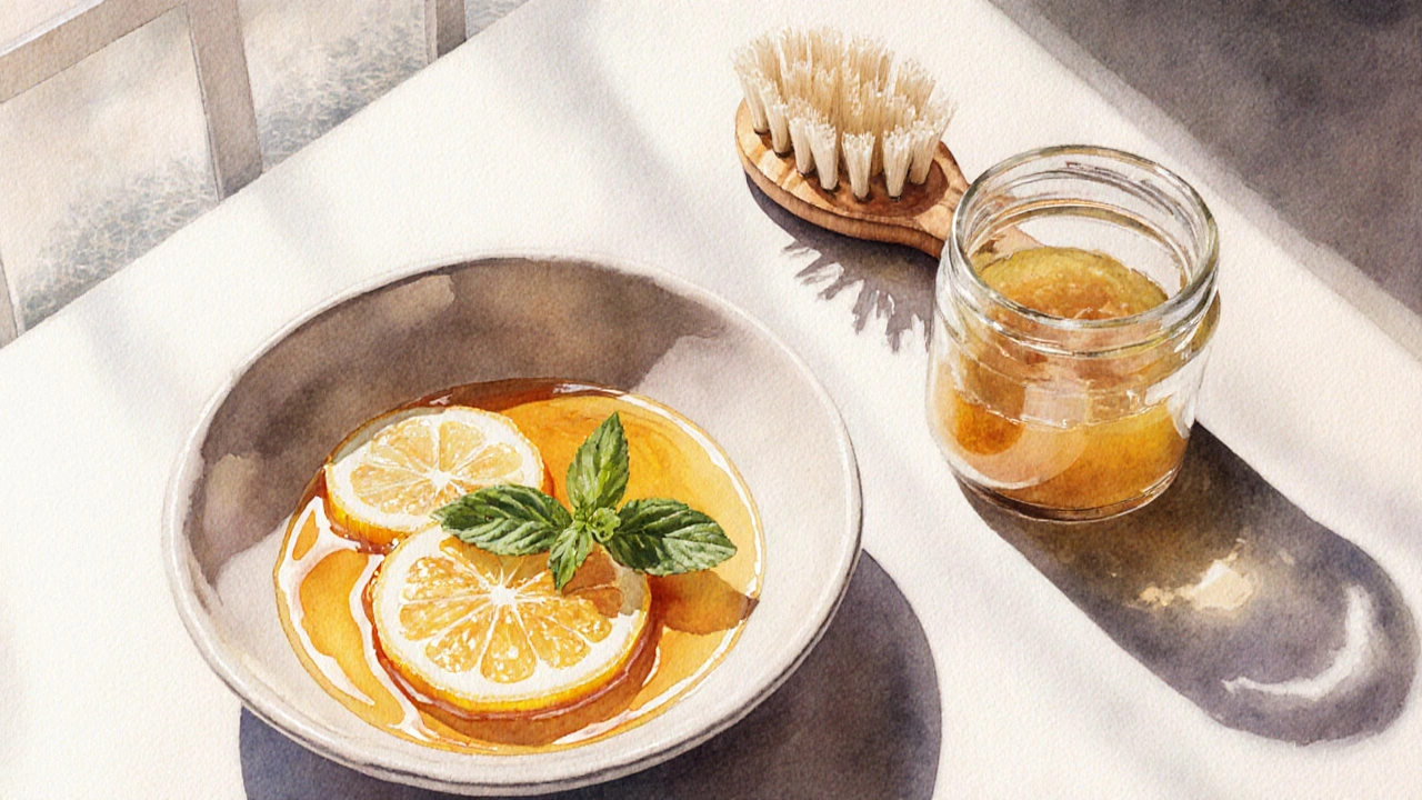 Akvarelná scéna s citronem, medem, bambusovým kartáčem a domácím voskem.