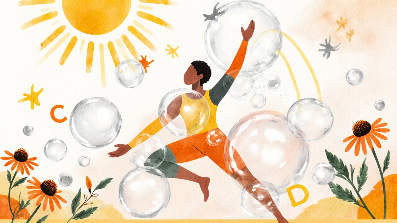Barevná ilustrace postavy cvičící jógu obklopené potravinami bohatými na vitamín C, D a zinek, s probiotickými bublinami a slunečními paprsky.