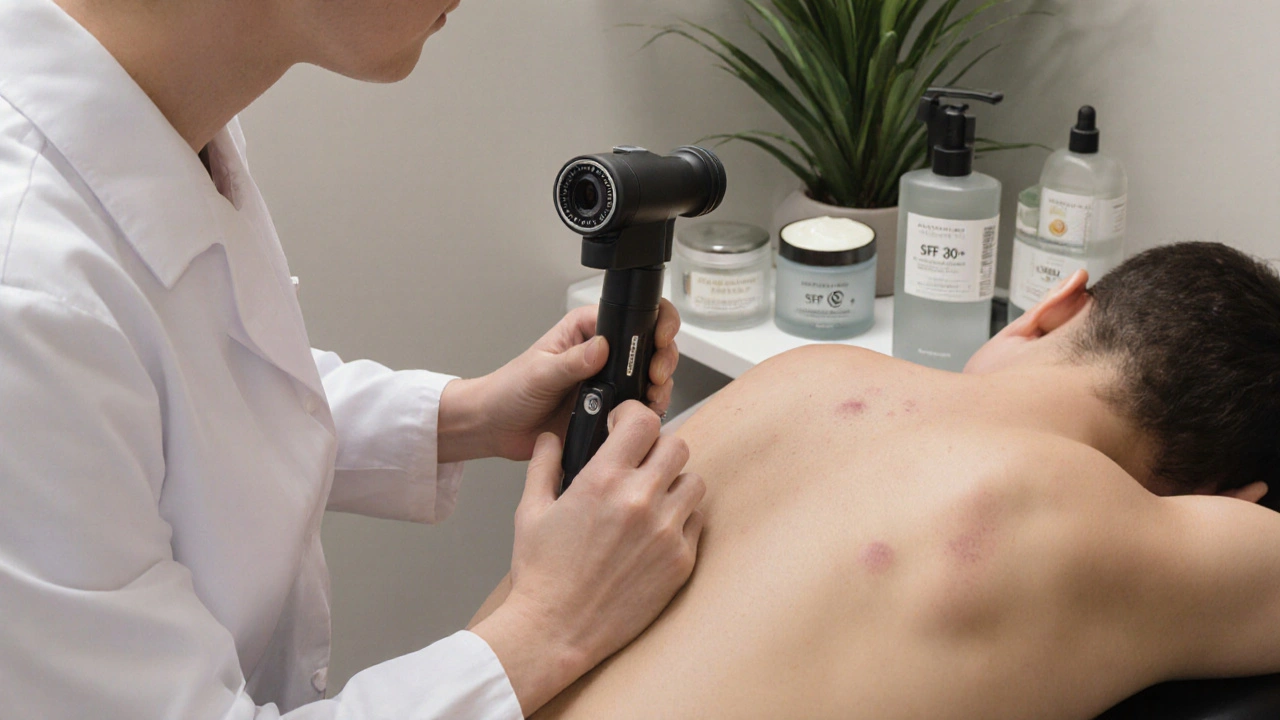 Dermatolog používá dermatoskop na pacientovi, v pozadí jsou krémy s SPF a antioxidanty.