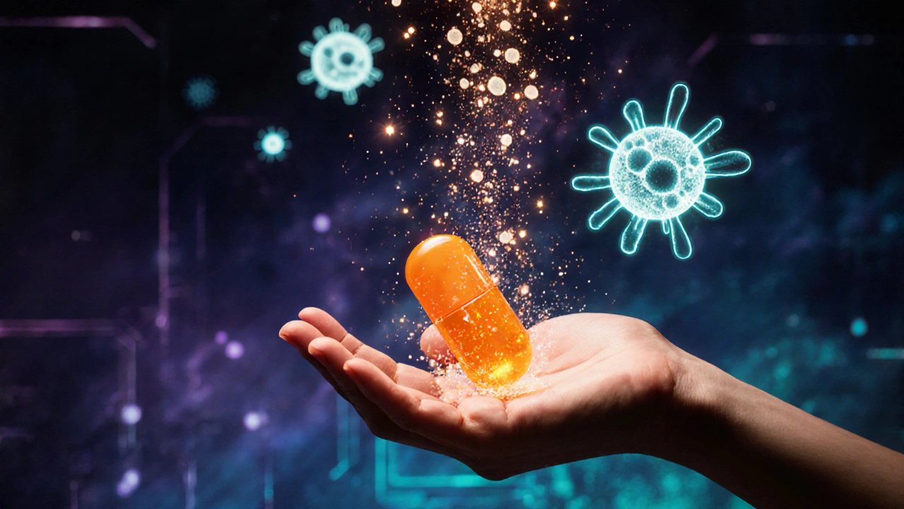 Doplněk vitamínu C ve formě tablet vedle jídla, zobrazující posílený imunitní systém.