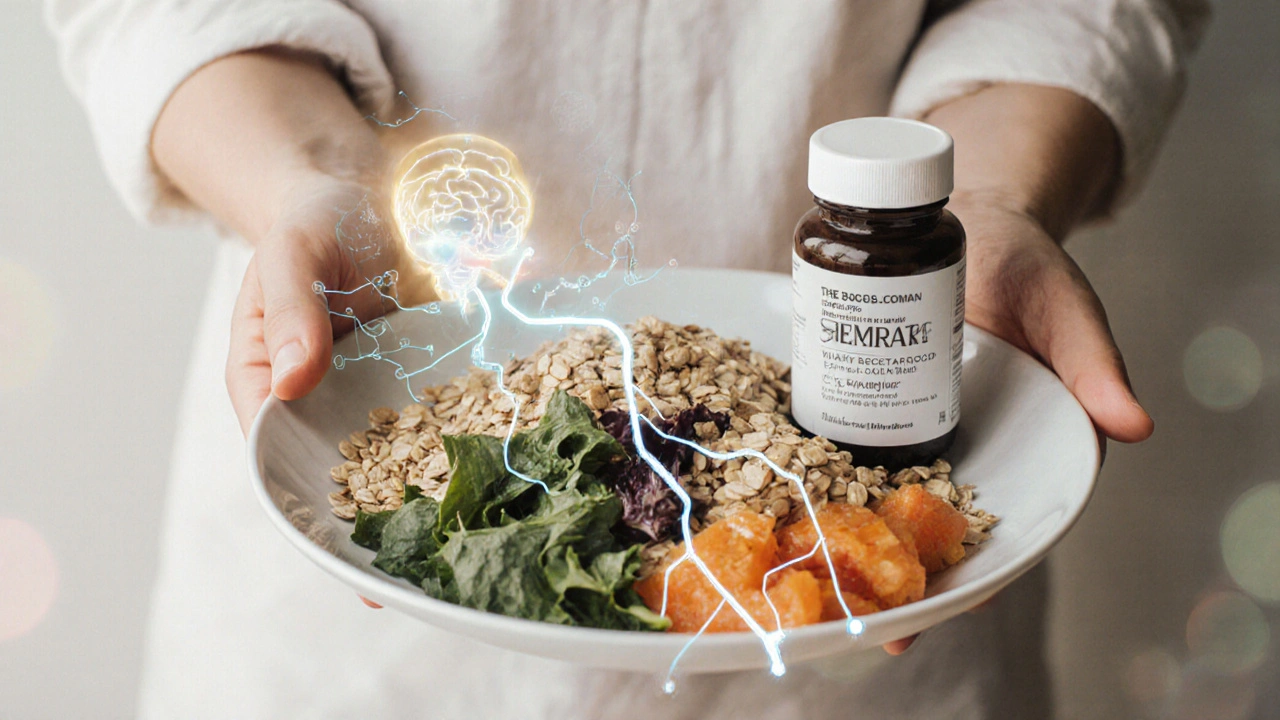 Dvě ruce drží probiotikum a zdravé potraviny symbolizující dlouhodobou podporu střev.