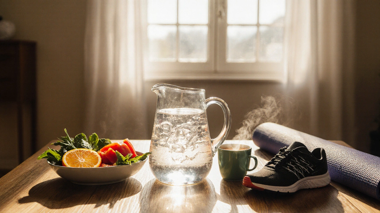 Fotografie zdravého rituálu: voda, ovoce, zelenina, čaj a sportovní vybavení.