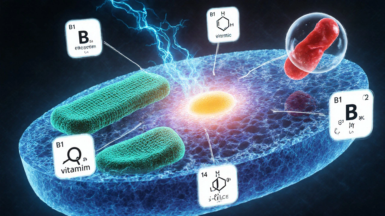 Ilustrace buňky s mitochondriemi, nervovým vláknem a červenou krvinkou, obklopená ikonami vitamínů B.