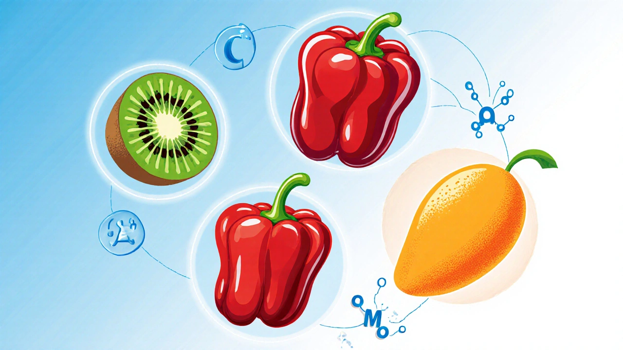 Ilustrace kiwi, papriky, pomeranče a manga s zářením vitamínů a botanickými detaily.