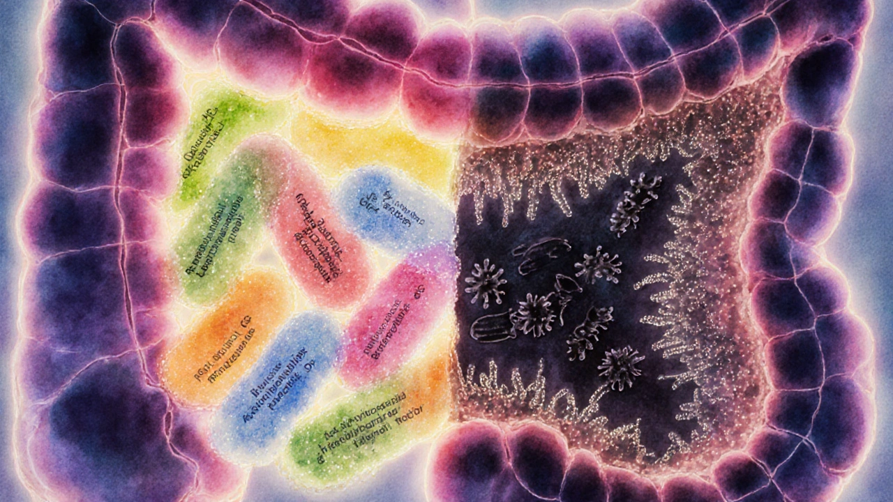 Ilustrace střeva s přátelskými bakteriemi vytvářejícími ochranný štít proti škodlivým mikroorganismům.