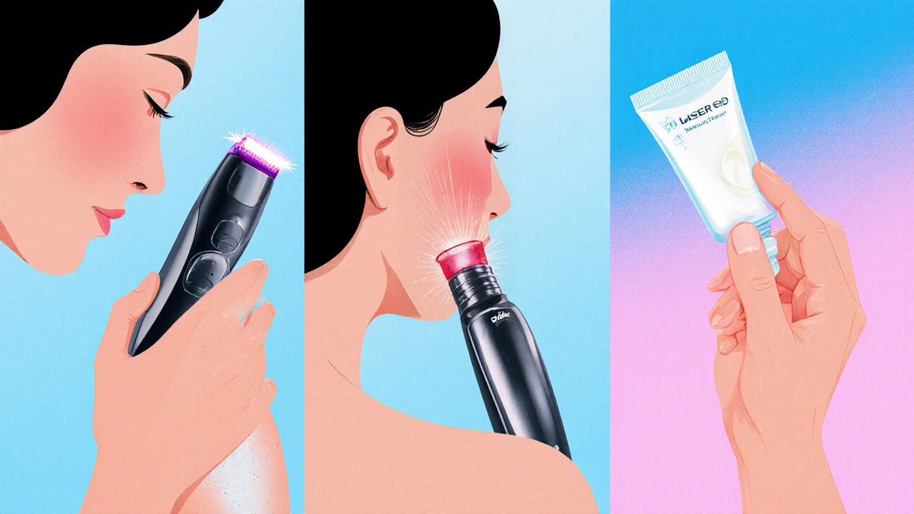 Ilustrace ženy používající epilátor, laser a krém na odstraňování chloupků.
