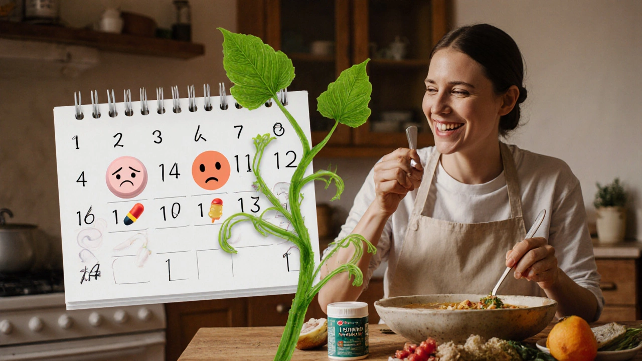 Kalendář s postupným zlepšováním zdraví břicha od 1. do 14. dne léčby antibiotiky.