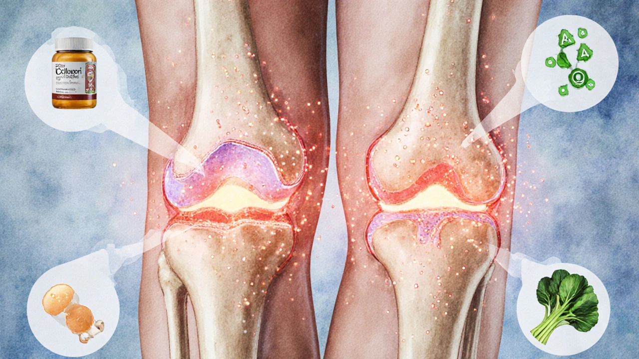 Průřez kolenního kloubu s regenerující chrupavkou a molekulami rybího kolagenu.