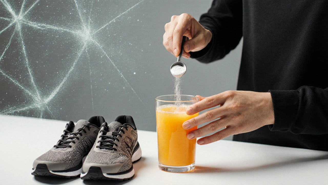 Ruce míchají rybí kolagen s vodou a sklenicí pomerančové šťávy.