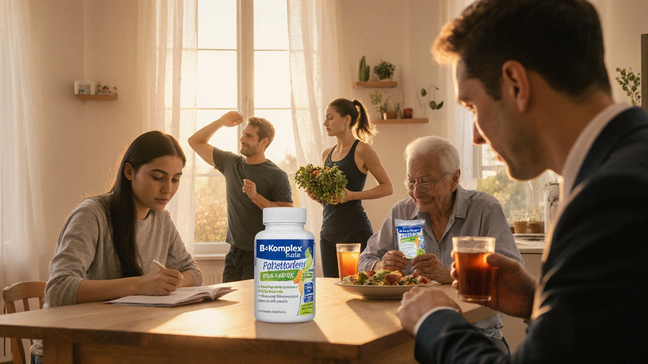 Skupina lidí různých věkových kategorií drží tabletu B‑komplex forte, vyzařuje vitalitu.