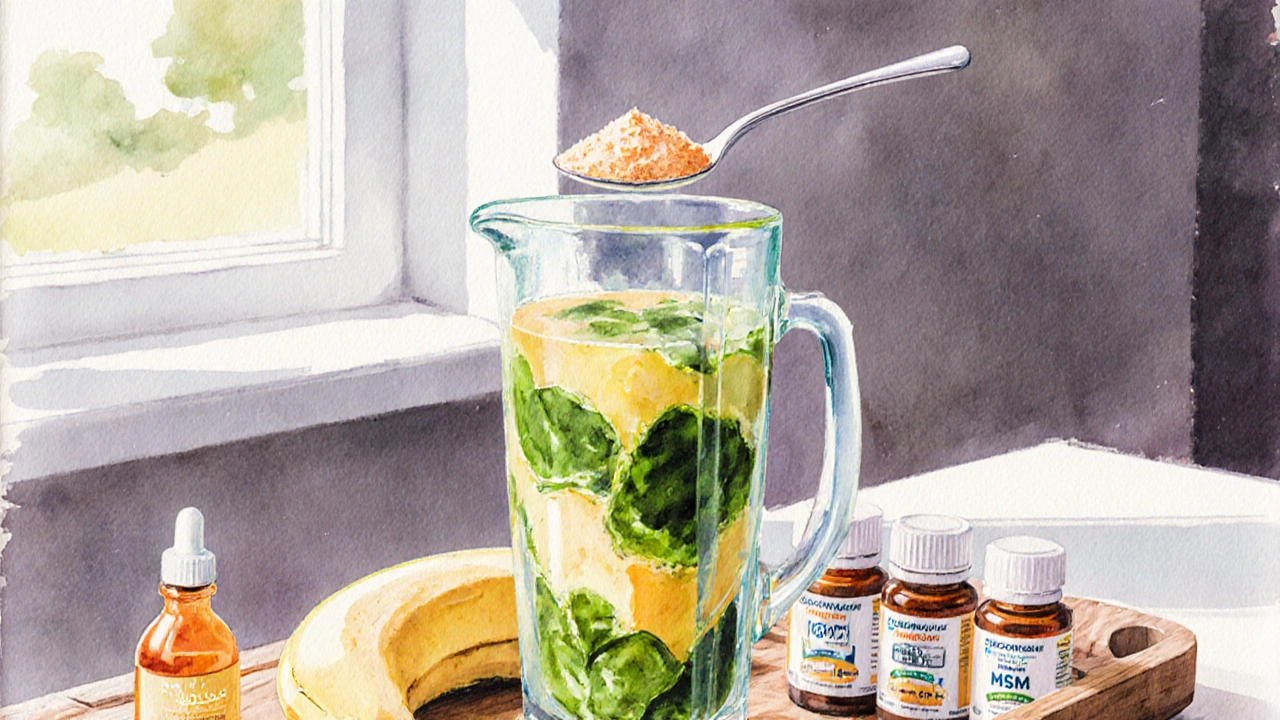 Smoothie s banánem a špenátem, lžící rybího kolagenu a vedle kapsle glukosaminu, chondroitinu a MSM.