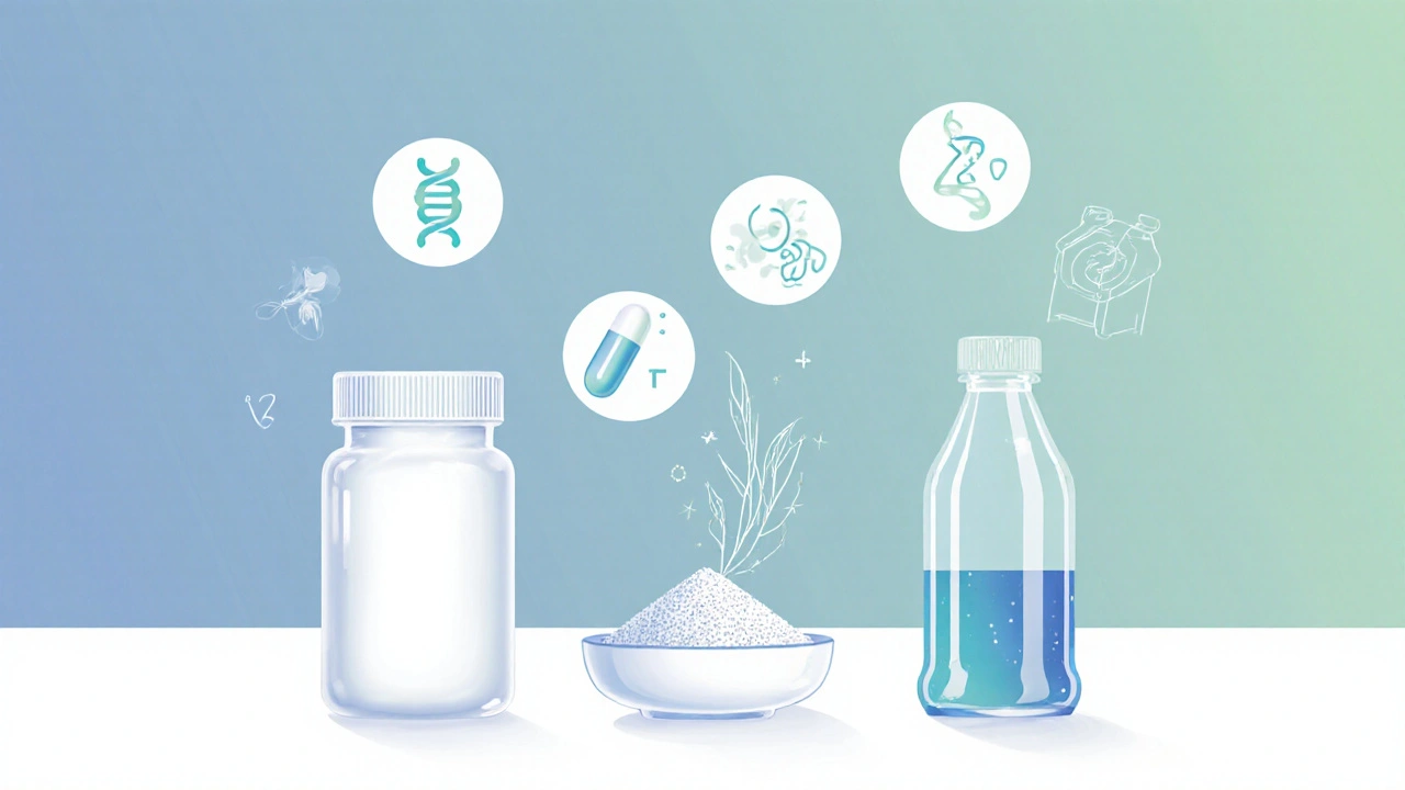 Tři formy probiotik – kapsle, prášek a tekutý nápoj – na kuchyňské lince s ikonami pro kmeny, CFU a prebiotika.