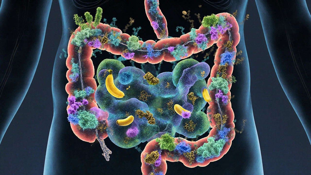 Vnitřní střevo jako ekosystém s užitečnými bakteriemi a vlákninou.