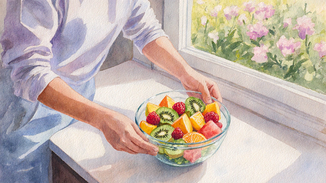 Vodovážová kuchyně, osoba připravuje ovocný salát z kiwi, pomeranče, manga a malin.