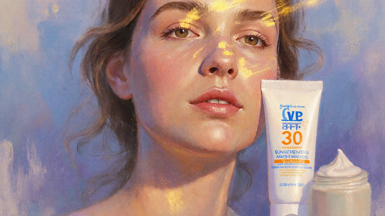 Zářivá pleť ženy s SPF a hydratačním krémem po použití retinolu.