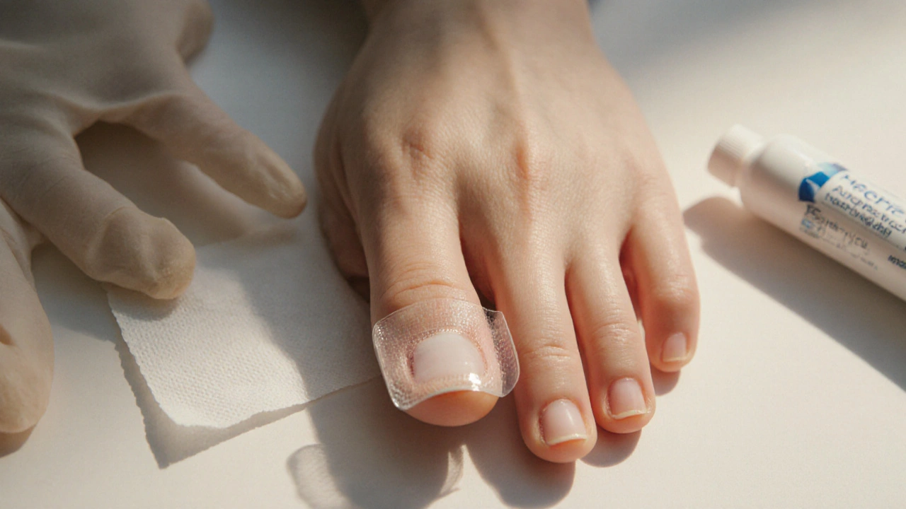 Zraněný prst s dechovým obvazem a plastovým krytem.