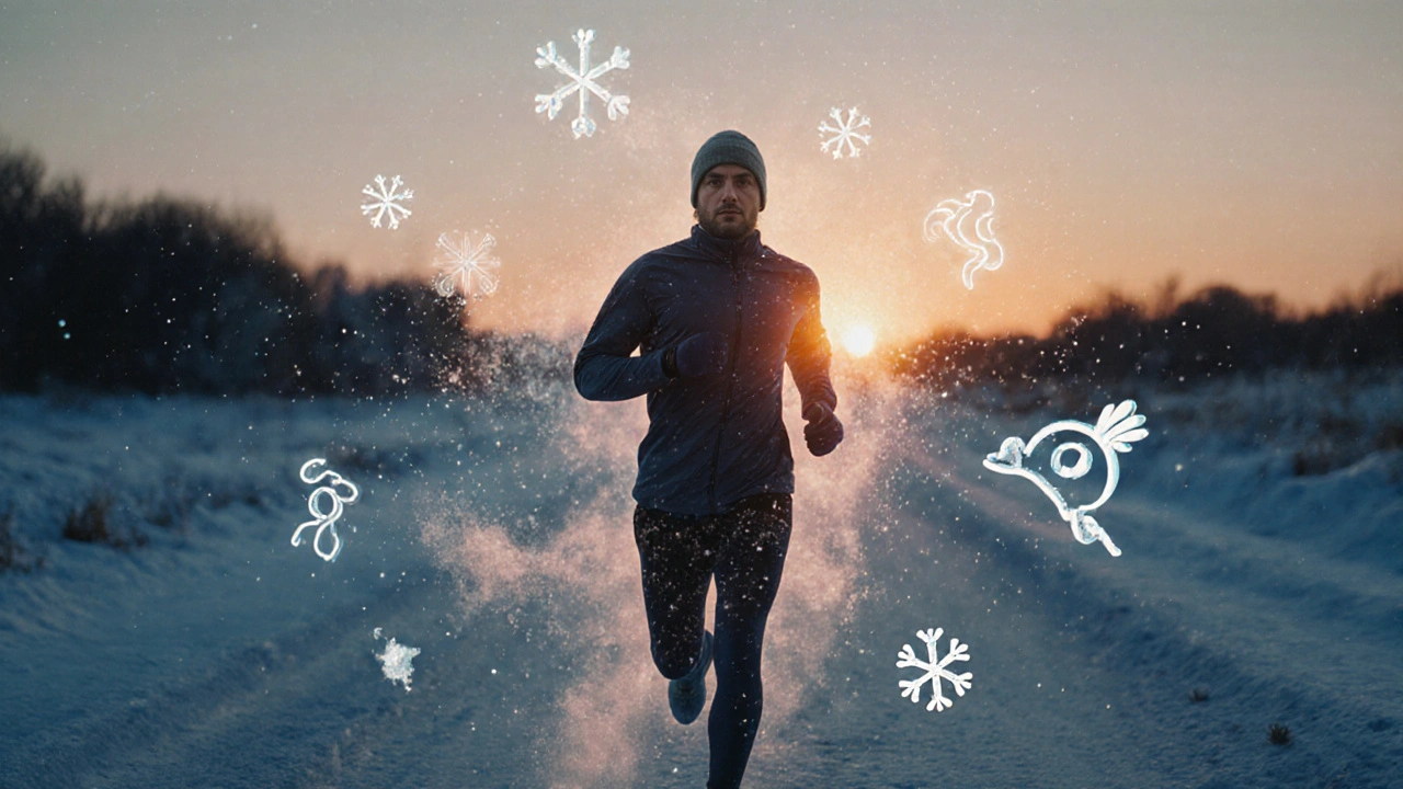 Běžec v zimním ránu s průhlednými molekulami vitaminu C kolem těla, symbolizujícími odolnost a energii.