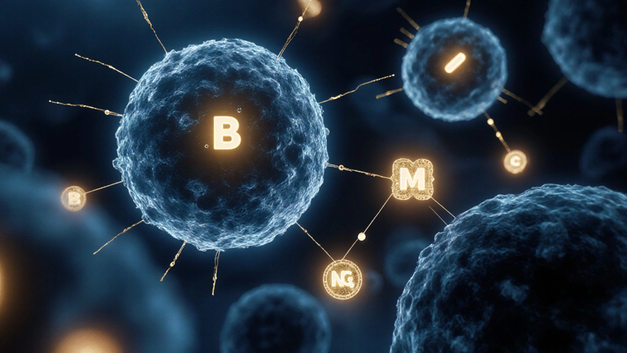 Biochemická scéna s vitamíny jako katalyzátory při spalování tuků v buňkách.