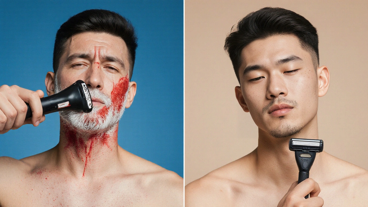 Dvě cesty holení: jedna s podrážděním, druhá se zdravou pokožkou, vizuálně oddělené.