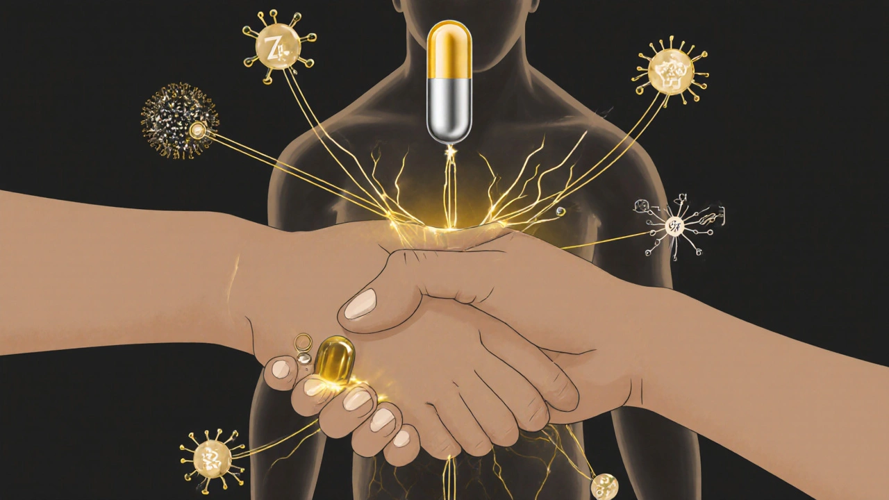Dvě ruce drží hořčík a zinek, spojené zářivými linkami symbolizujícími jejich spolupráci v těle.