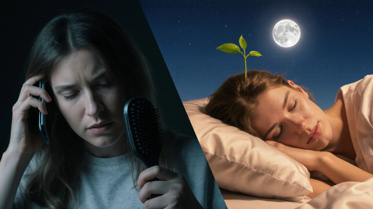 Dvě strany jedné osoby: jedna s vyčerpanými vlasy, druhá s zdravě rostoucími vlasy ve spánku.