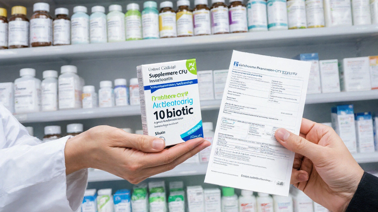 Farmářka podává pacientovi léčivé probiotikum s enterickým obalem a výraznou dávkou.