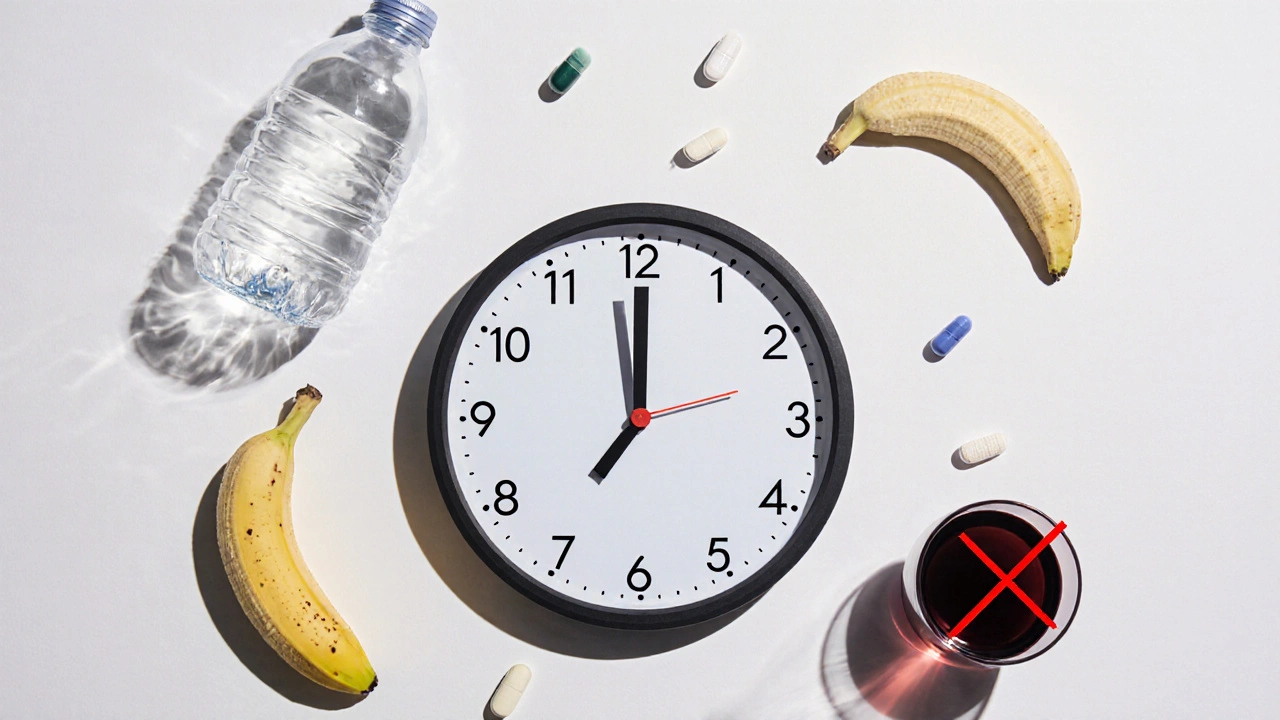 Hodiny s pilulkami jako číslicemi, kolem nich voda, banán a probiotikum.