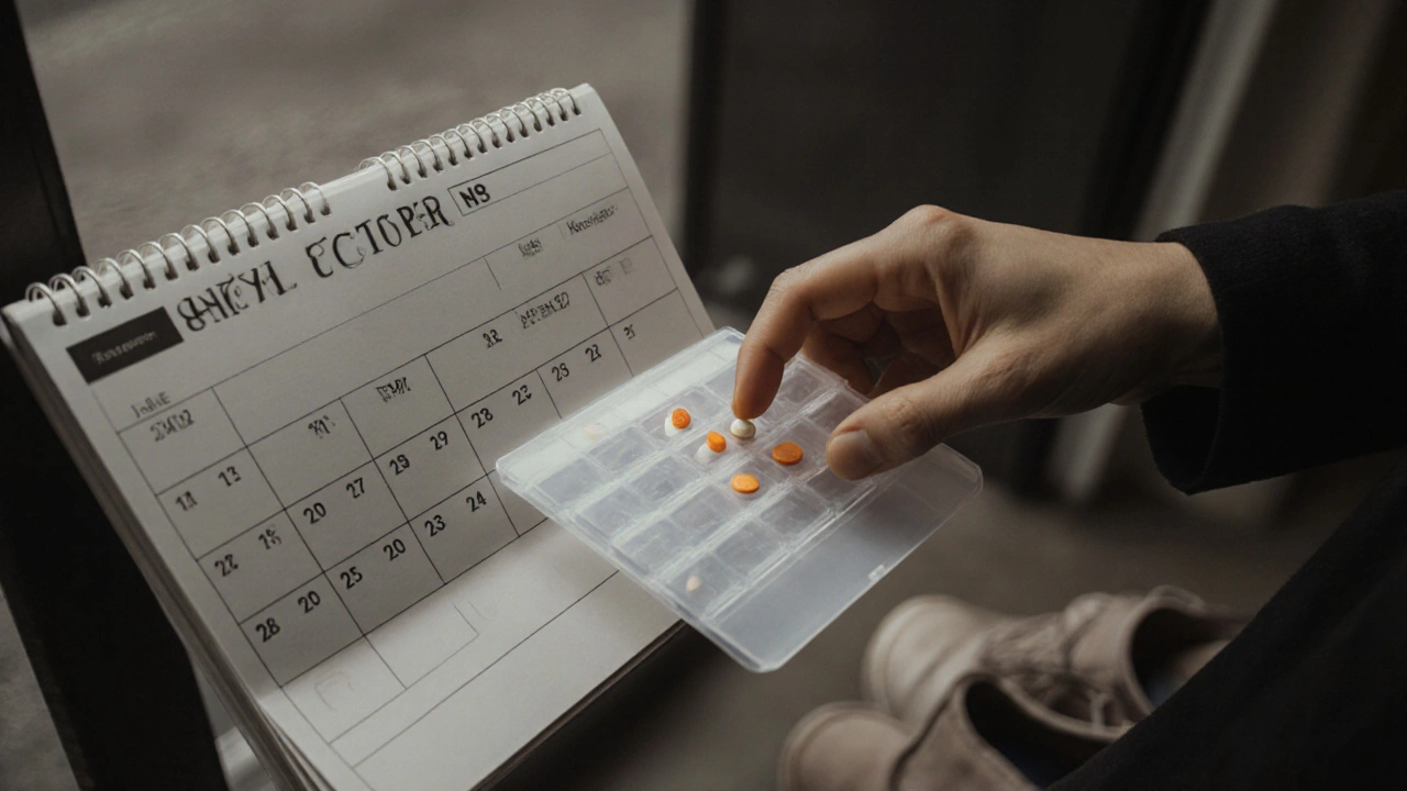 Kalendář ukazující zimní měsíce s denním doplňkem vitamínu D v organizátoru pilulek.