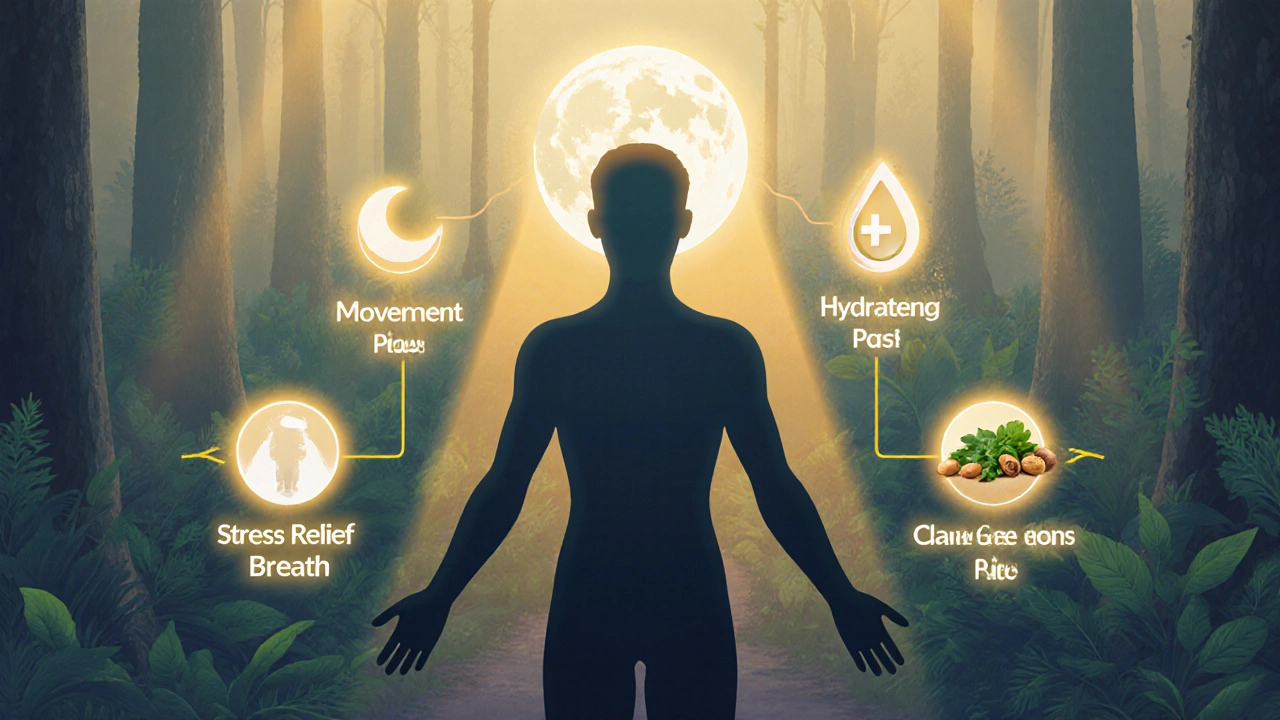 Klíčové prvky imunity jako pět svítících sloupů kolem lidské postavy.