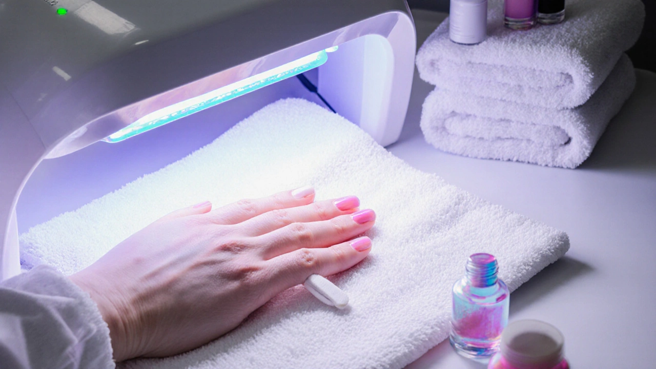 Kosmetička aplikuje gel lak na nehty pod LED lampou v čistém salónu.
