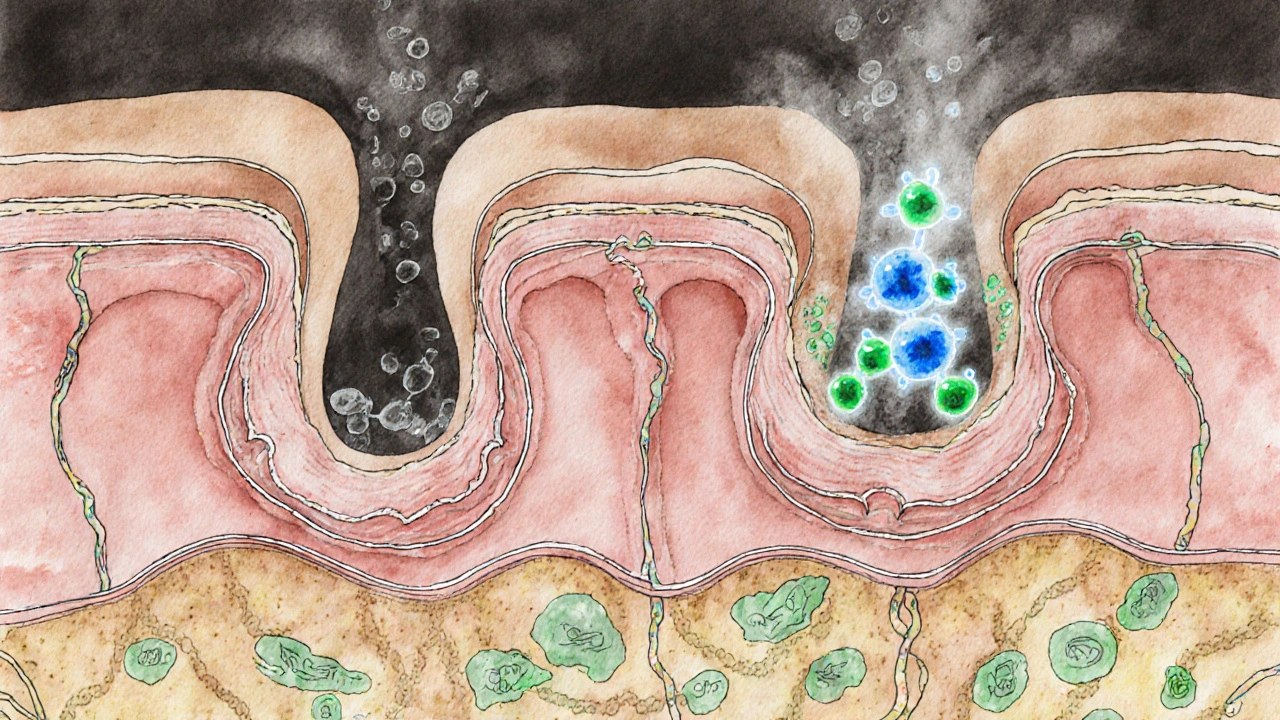 Křížový řez pokožky ukazující, jak se nečistoty odstraňují z pórů.