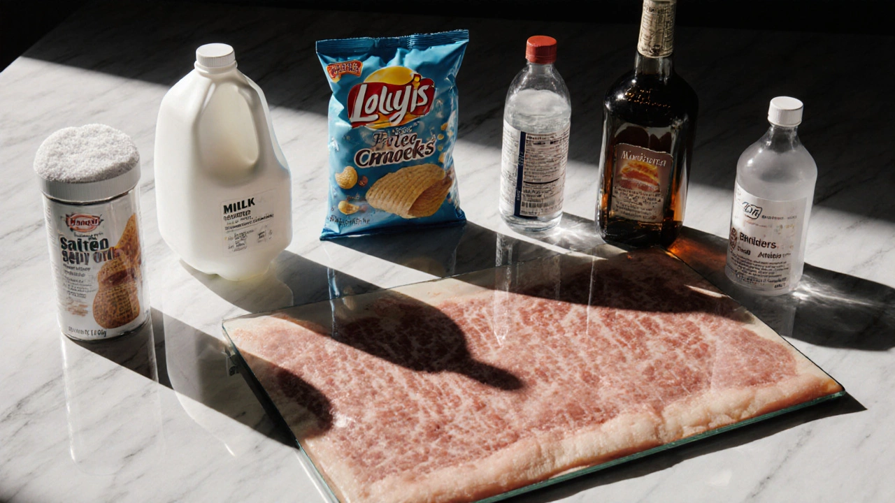 Kuchyňský stolek s sedmi škodlivými potravinami, jejich stíny se mění v vrásky a vyrážky na zrcadle.