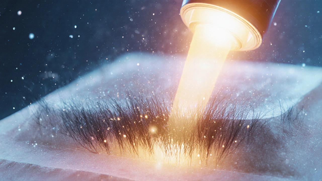 Laserový paprsek ničí kořínky chloupků pod kůží, zlatavé a modré odstíny, abstraktní styl.