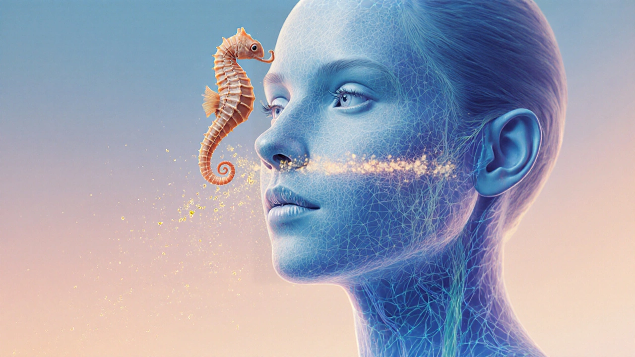 Lidská tvář s viditelnými kolagenovými vlákny a mořským koníkem nad ní