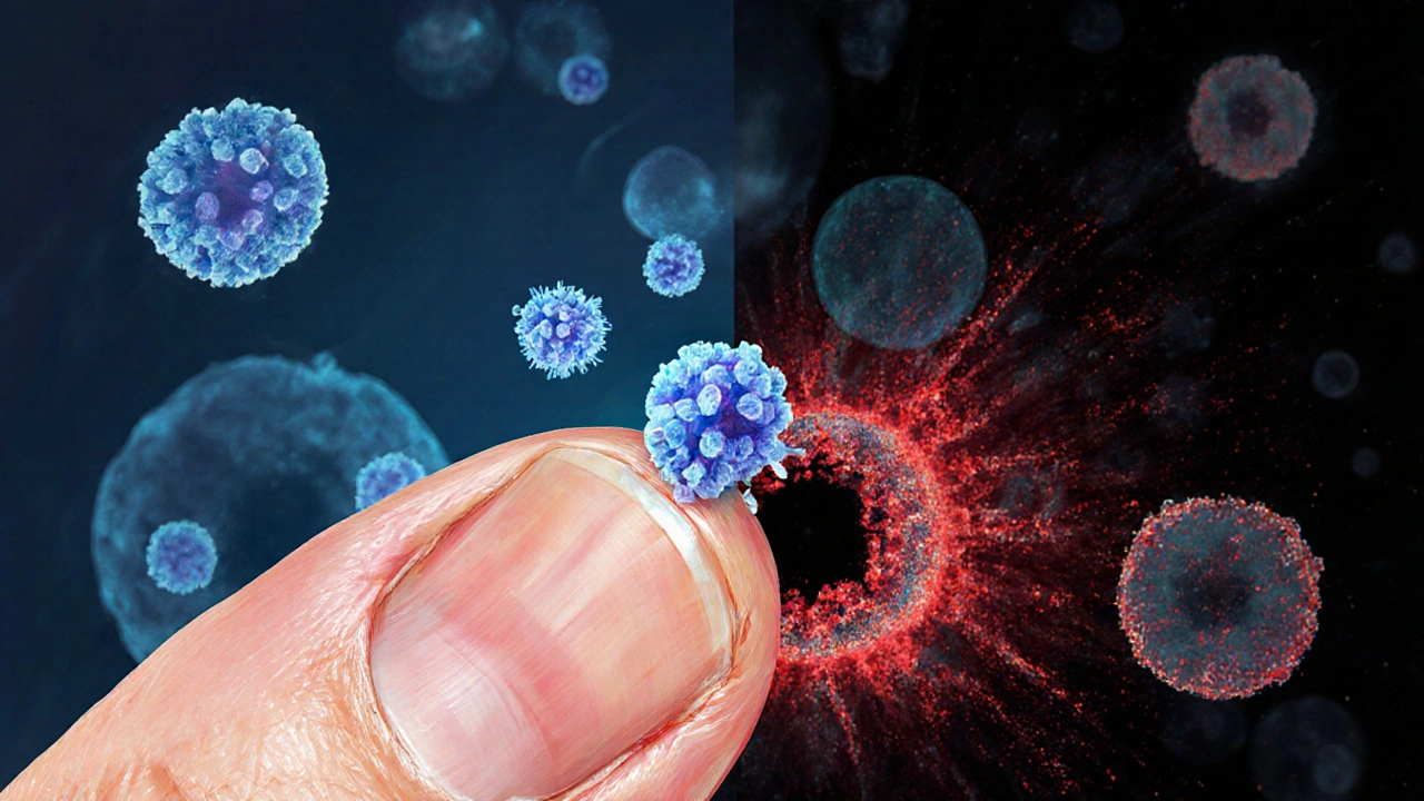 Mikroskopický pohled na bakterie napadající kůži kolem nehtu.