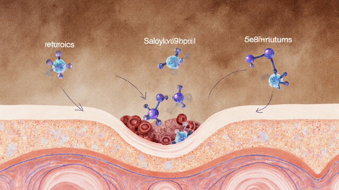 Mikroskopický pohled na rozklad zablokovaného póru pomocí salicylové kyseliny a retinoidů.