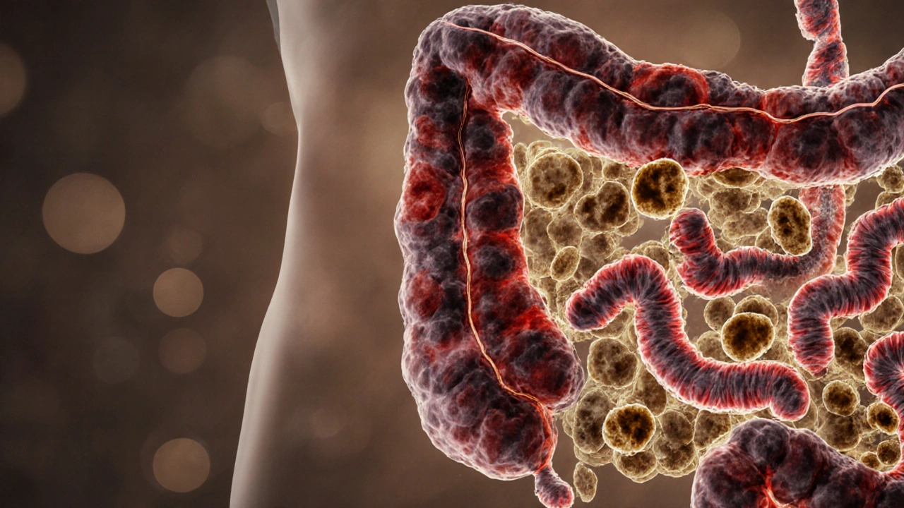 Mikroskopický pohled na střevo s prospěšnými bakteriemi převyšujícími škodlivé patogeny.
