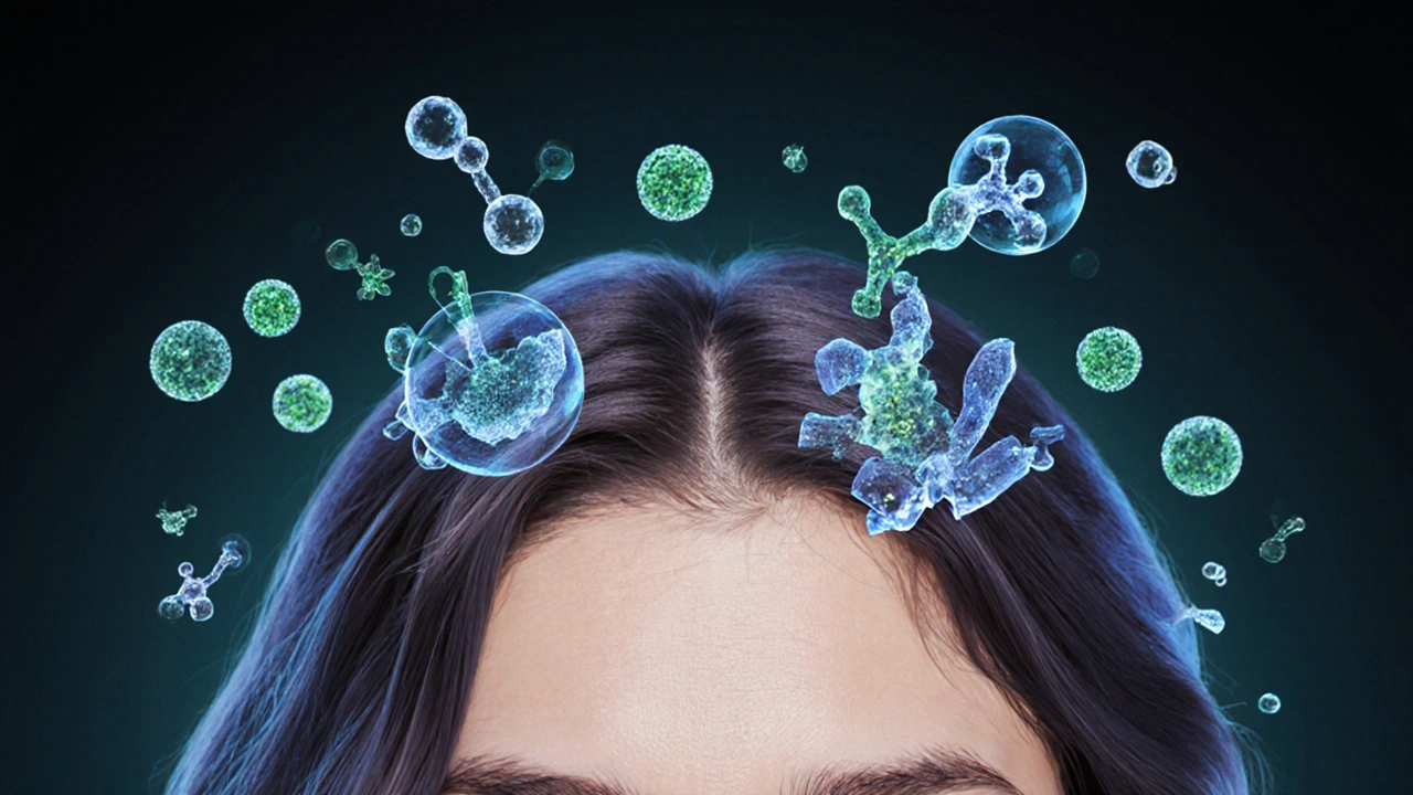 Mikroskopický pohled na vlasový folikul s látkami jako keratin a kyselina hyaluronová.