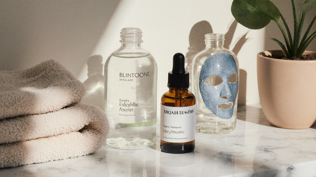 Minimální sestava produktů pro péči o pleť: tonikum, sérum a maska na černé tečky.