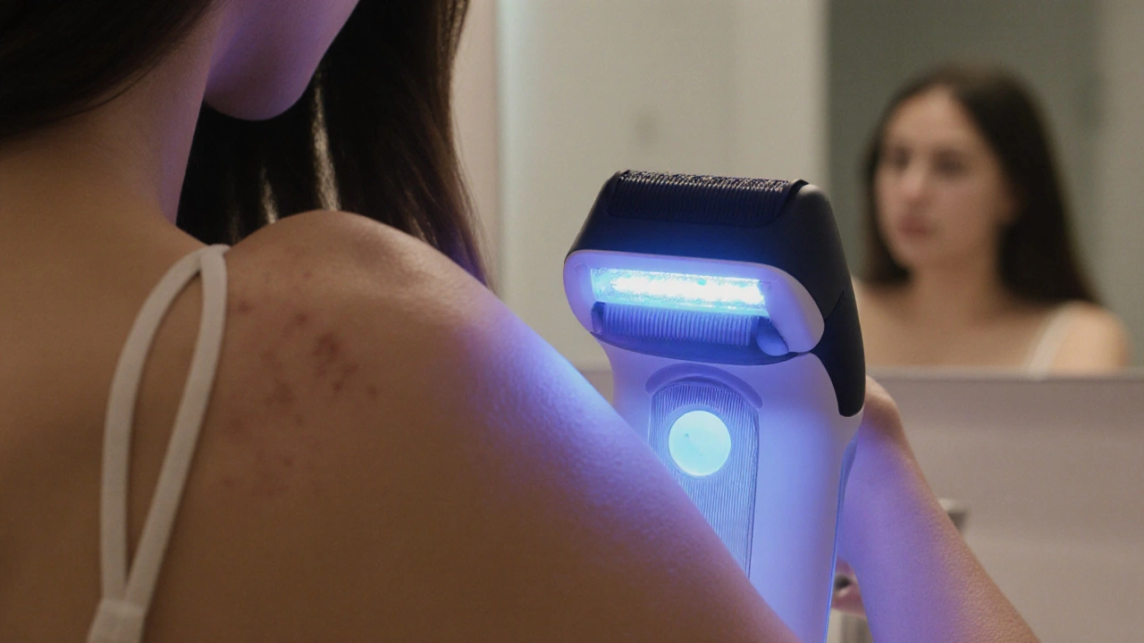 Moderní epilátor na podpaží, kůže hladká, jemné světlo zařízení a jemný pohyb.