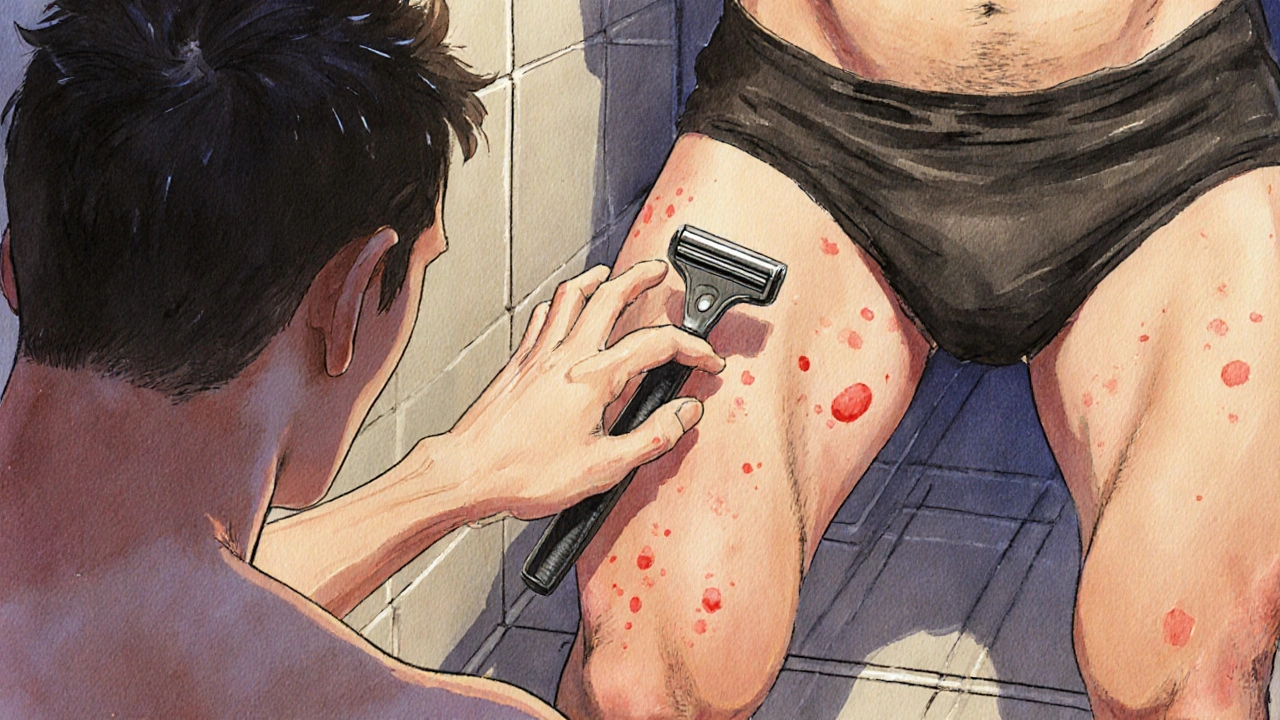 Muž se dívá do zrcadla a dotýká se kůže s vyrážkami z ingrown hairs, drží holič.