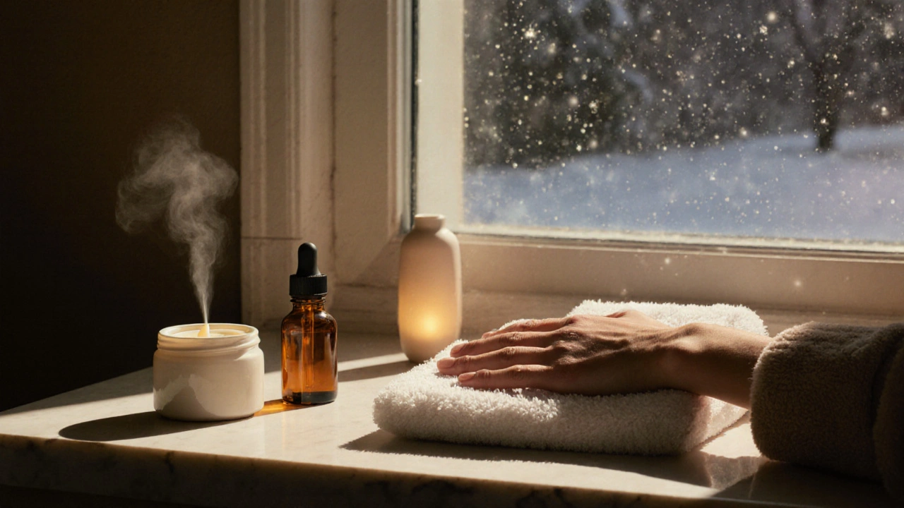 Noční péče o pleť: sérum, krém a pára v klidné koupelně, kde je pleť zdravě zářivá.