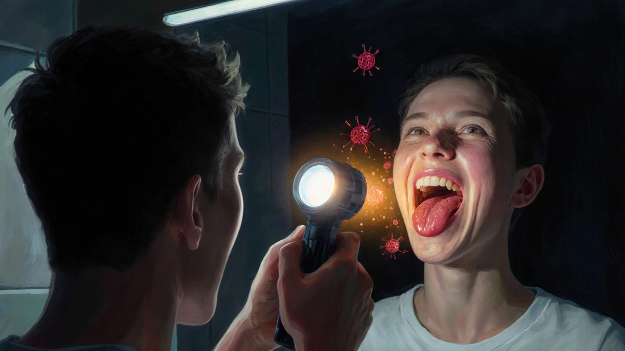 Osoba se dívá do zrcadla a prohledává ústa baterkou