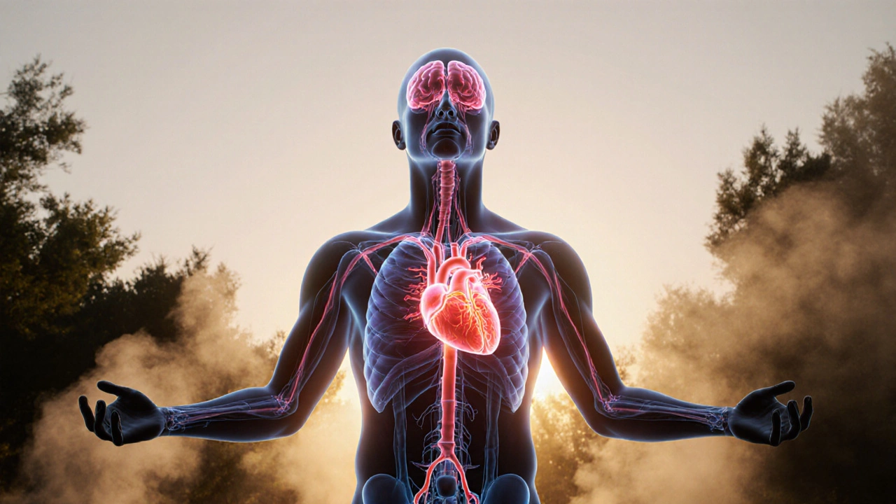 Postava ve světle ranního slunce dýchá hluboce, transparentní transformace těla ukazuje uzdravení srdce, mozku a kůže.