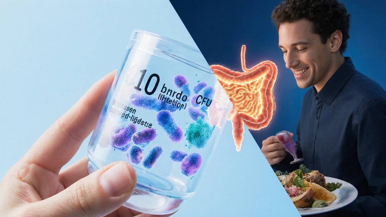 Průhledná kapsle s probiotiky směřujícími do střev, spojená s obrázky zdraví a klidu.