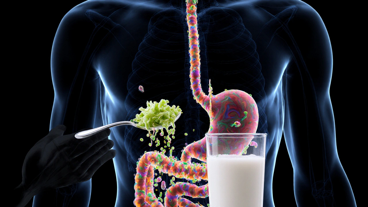 Průhledný člověk s probiotickými bakteriemi proudícími z kvašené kapusty do střev