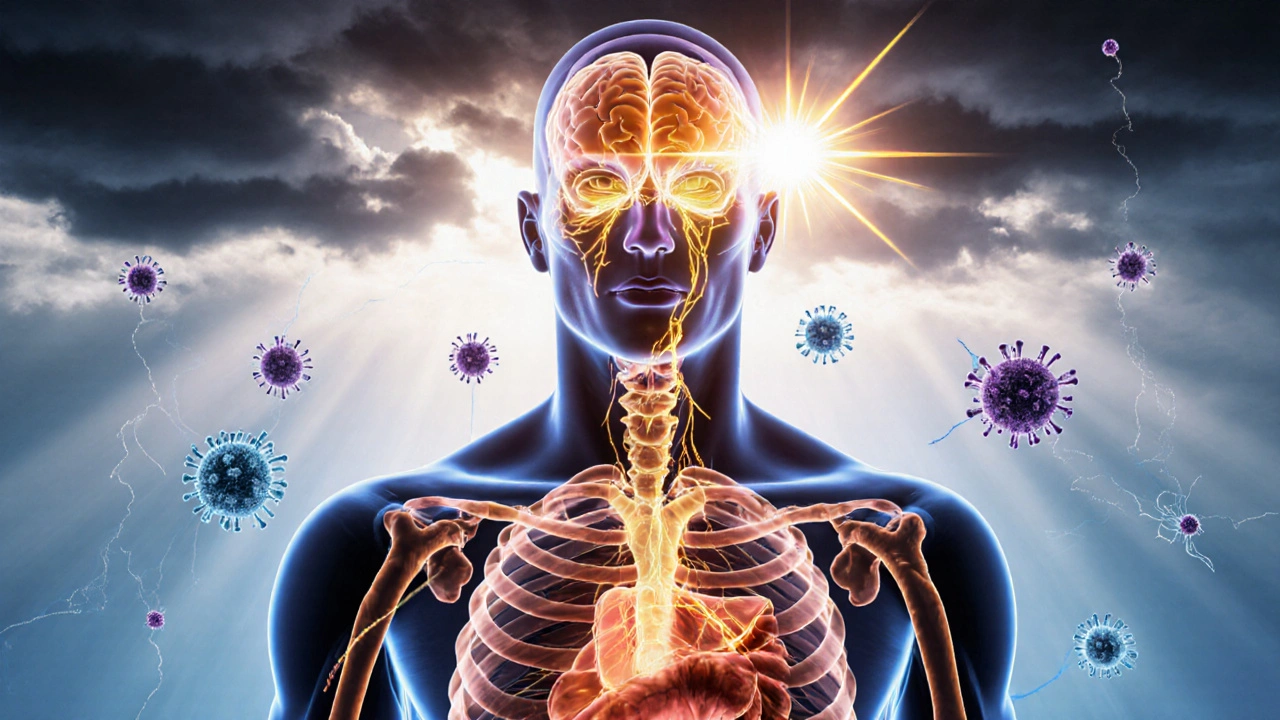 Průhledný lidský tělo s osvětlenými cestami vitamínu D aktivujícího kosti, játra a mozek.