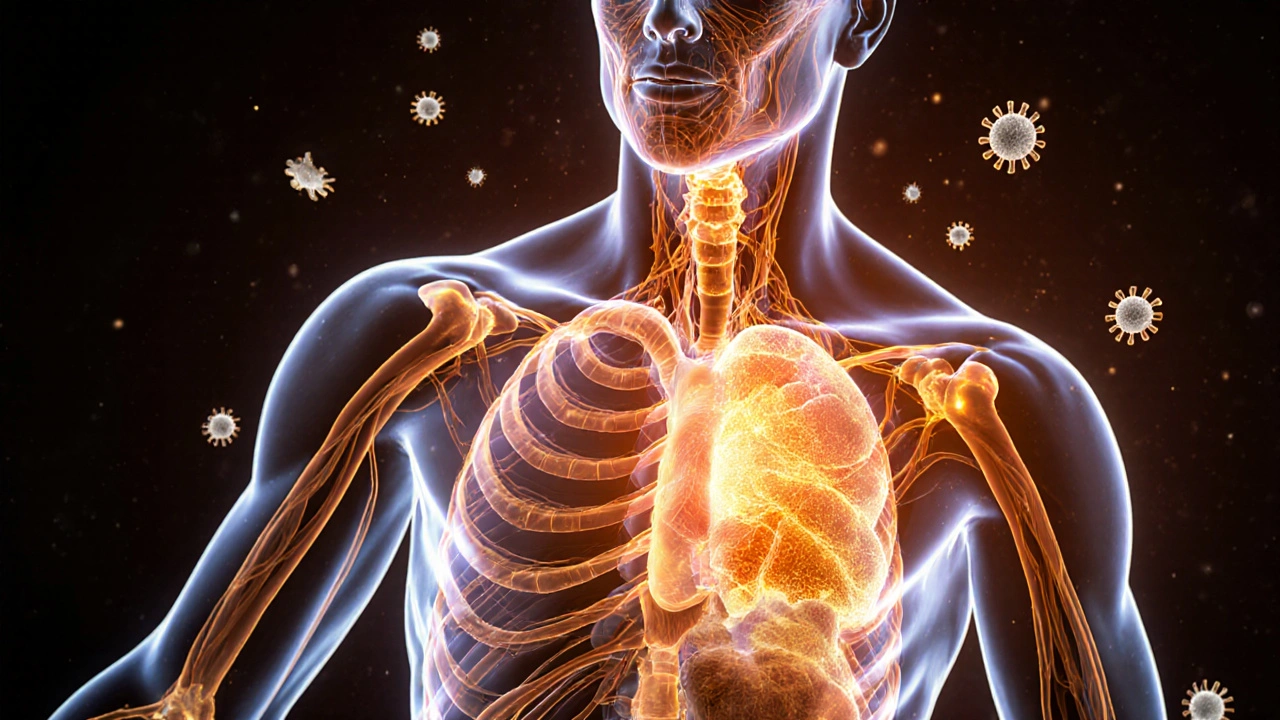 Průhledný lidský tělo s viditelnými kolagenovými vlákny a antioxidanty bojujícími proti volným radikálům.