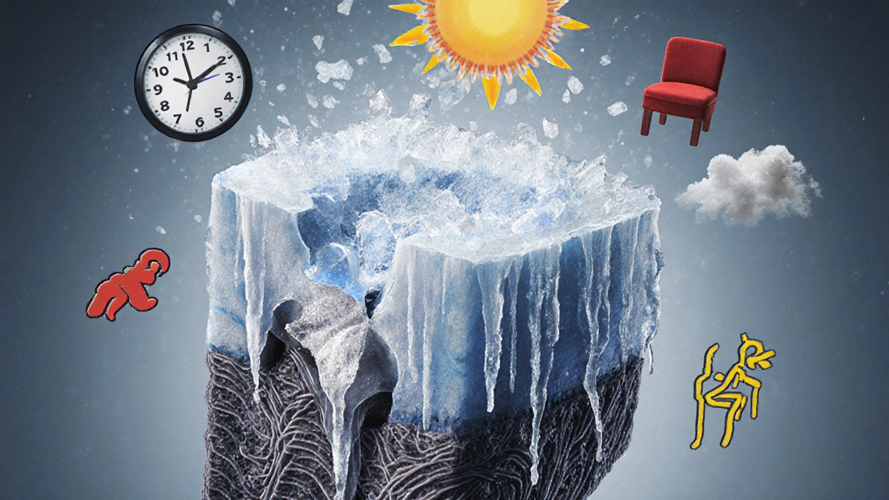 Průřez kloubu, kde cukr, UV záření a stres ničí kolagenová vlákna.