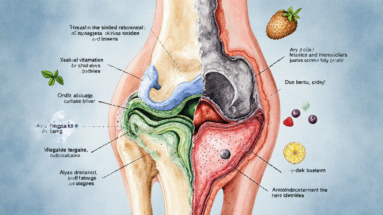 Průřez kloubu s obnovou chrupavky pomocí přírodních látek a porovnání s poškozením.